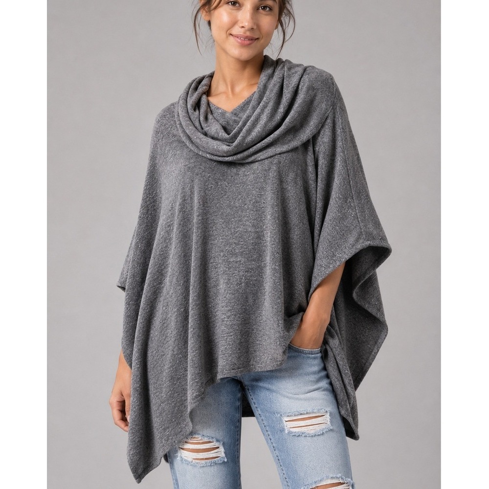 Love Stitch Gray Wool Angora Blend Cowl Neck Poncho Sweater One Size